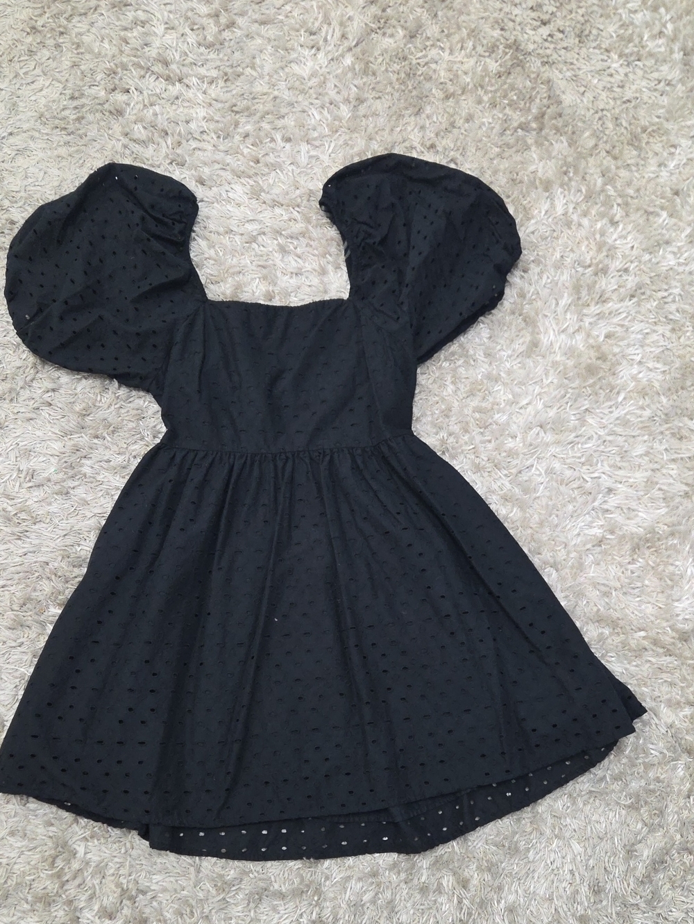 Black Puff-Sleeve Eyelet Dress
